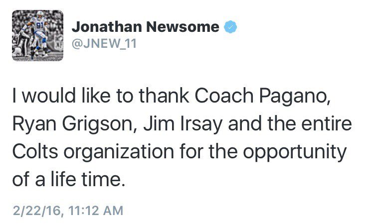 Jonathan Newsome says goodbye to Colts