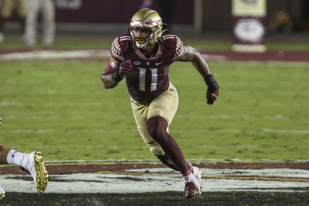 FSU Edge Rusher Jermaine Johnson had a big 2021 season with 12 sacks and over 70 tackles. He has the tools to be very successful.