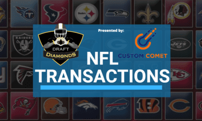 NFL Transactions for Today! Every day we track each and every roster cut, trade, workout, and signing here on NFL Draft Diamonds. NFL Transactions is presented by Custom Comet! They are the Official