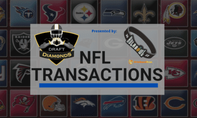 NFL Transactions for Today! Every day we track each and every roster cut, trade, workout, and signing here on NFL Draft Diamonds. NFL Transactions is presented by Wristband Bros. the Official Wristband of NFL Draft Diamonds and the Hula Bowl!