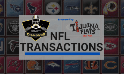 NFL Transactions for Today! Every day we track each and every roster cut, trade, workout, and signing here on NFL Draft Diamonds. NFL Transactions is presented by Tijuana Flats the Official TexMex provider for the Hula Bowl!